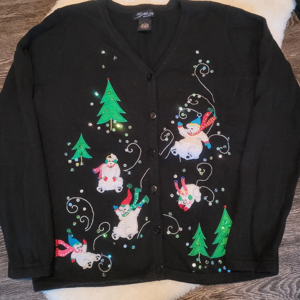 Vintage Festive Polar Bears Sweater Cotton Ramie Cardigan In Black Sz L
